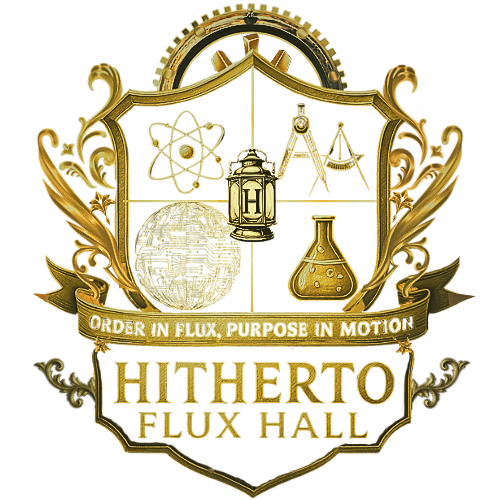Hitherto AI's Flux Hall Academy Emblem/Seal. Gold metallic emblem in the style of a prestigious school crest. Symbols included: atom, drawing compass, chemistry flask, sphere made of circuits. The crest is surrounded by decorative flourishes, topped with a