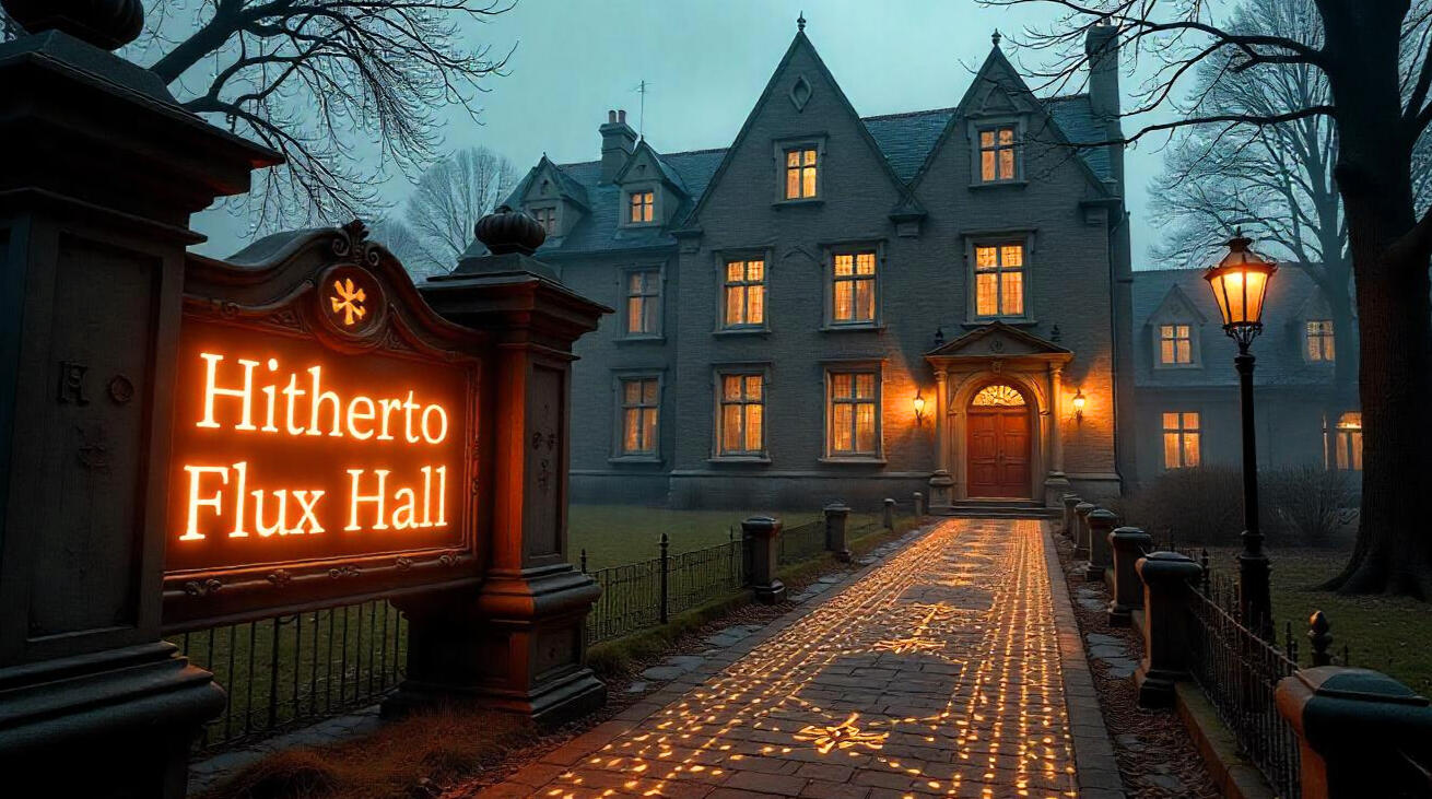 Hitherto AI's Flux Hall Academy gothic building. Warmly lit, but dark. Stately sign near the walkway reads: 'Hitherto Flux Hall', in copper neon. THe walkway is enmeshed with glowing circuits.