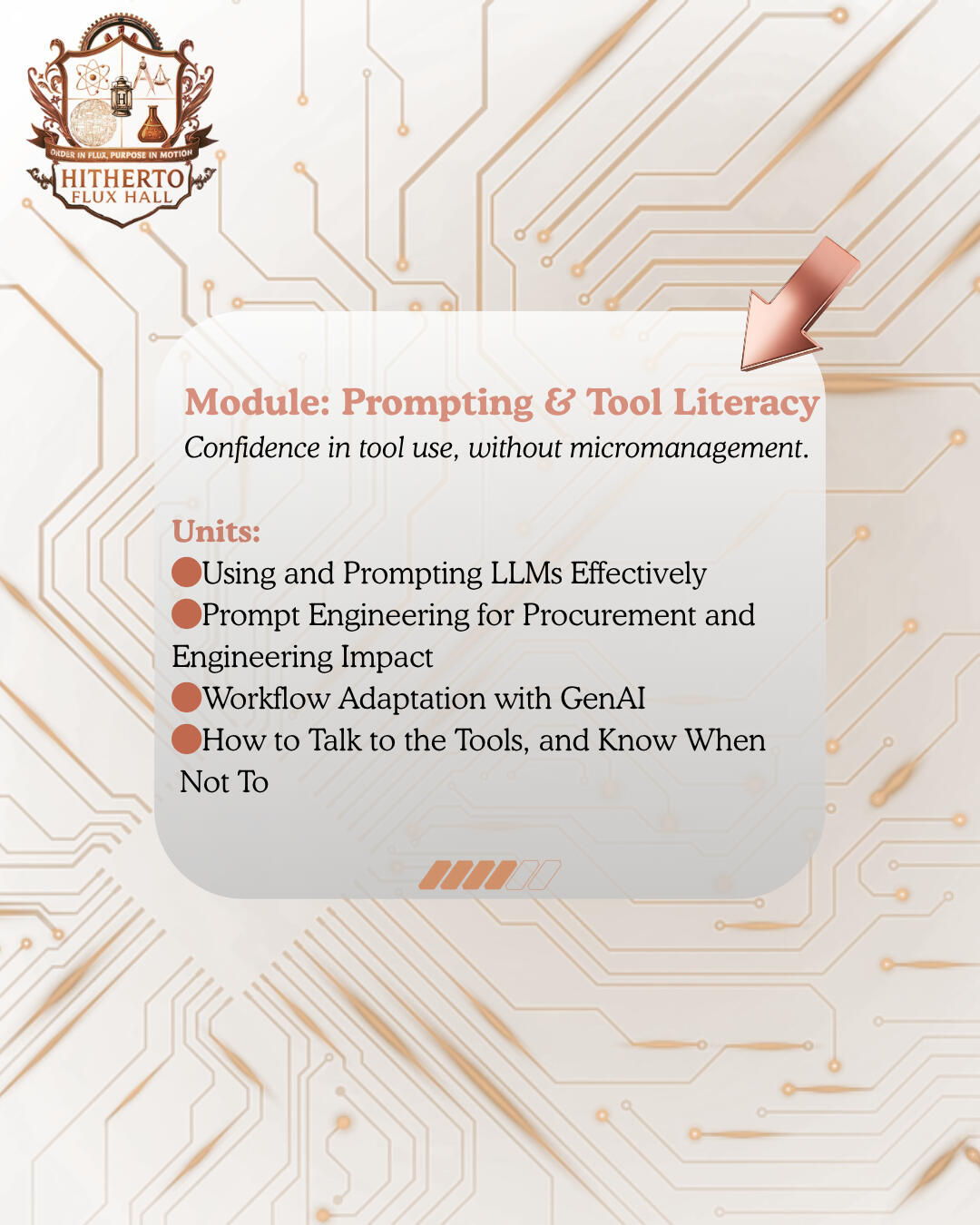 Hitherto AI's Flux Hall Academy gothic building. Warmly lit, but dark. Stately sign near the walkway reads: 'Hitherto Flux Hall', in copper neon. THe walkway is enmeshed with glowing circuits.