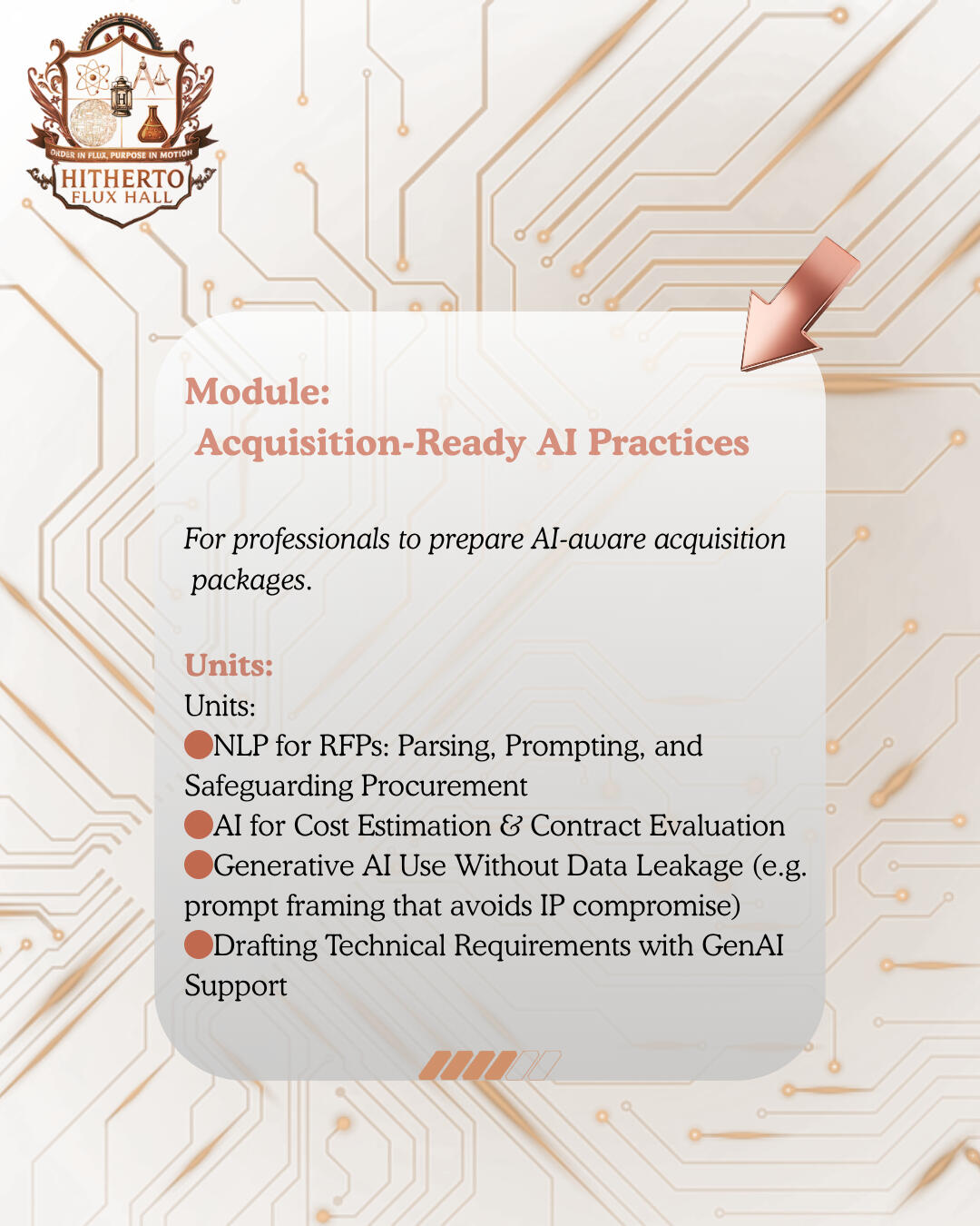 Module: Acquisition-Ready AI Practices Equip GS-0801, 0854, and 1102 professionals to prepare AI-aware acquisition packages. Units: 🟤NLP for RFPs: Parsing, Prompting, and Safeguarding Procurement 🟤AI for Cost Estimation & Contract Evaluation 🟤Generative