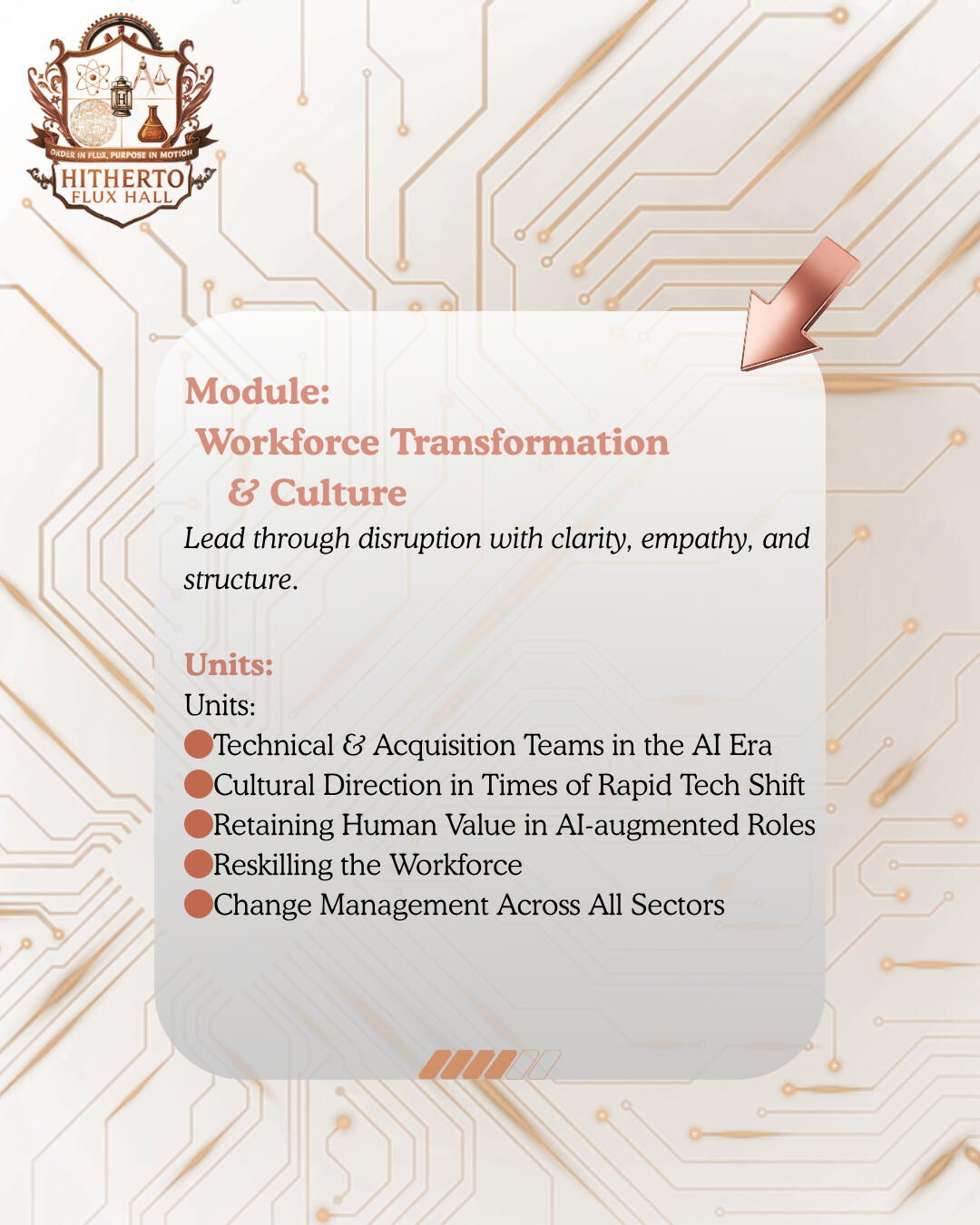 Module: Workforce Transformation & Culture Lead through disruption with clarity, empathy, and structure. Units: 🟤Leading Technical & Acquisition Teams in the AI Era 🟤Cultural Direction in Times of Rapid Tech Shift 🟤Retaining Human Value in AI-augmented